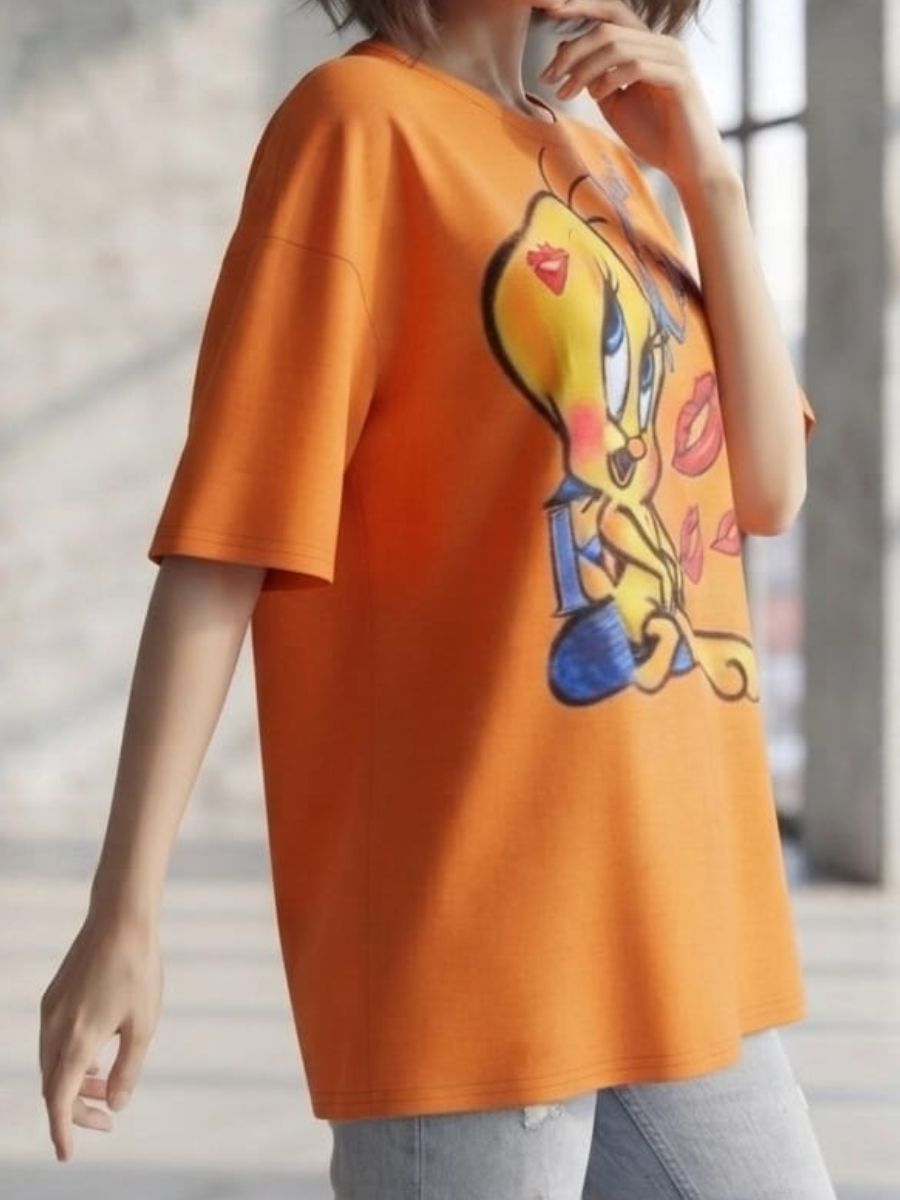 ModaFesta -Womens Oversized Graphic Print Orange T-Shirt